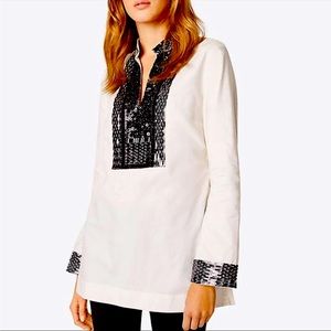 TORY BURCH white cotton embellished tunic with black beading size 4.